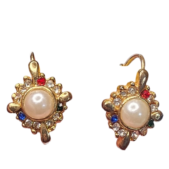 Vintage Faux Pearl & Rhinestone Earrings - Picture 3 of 16